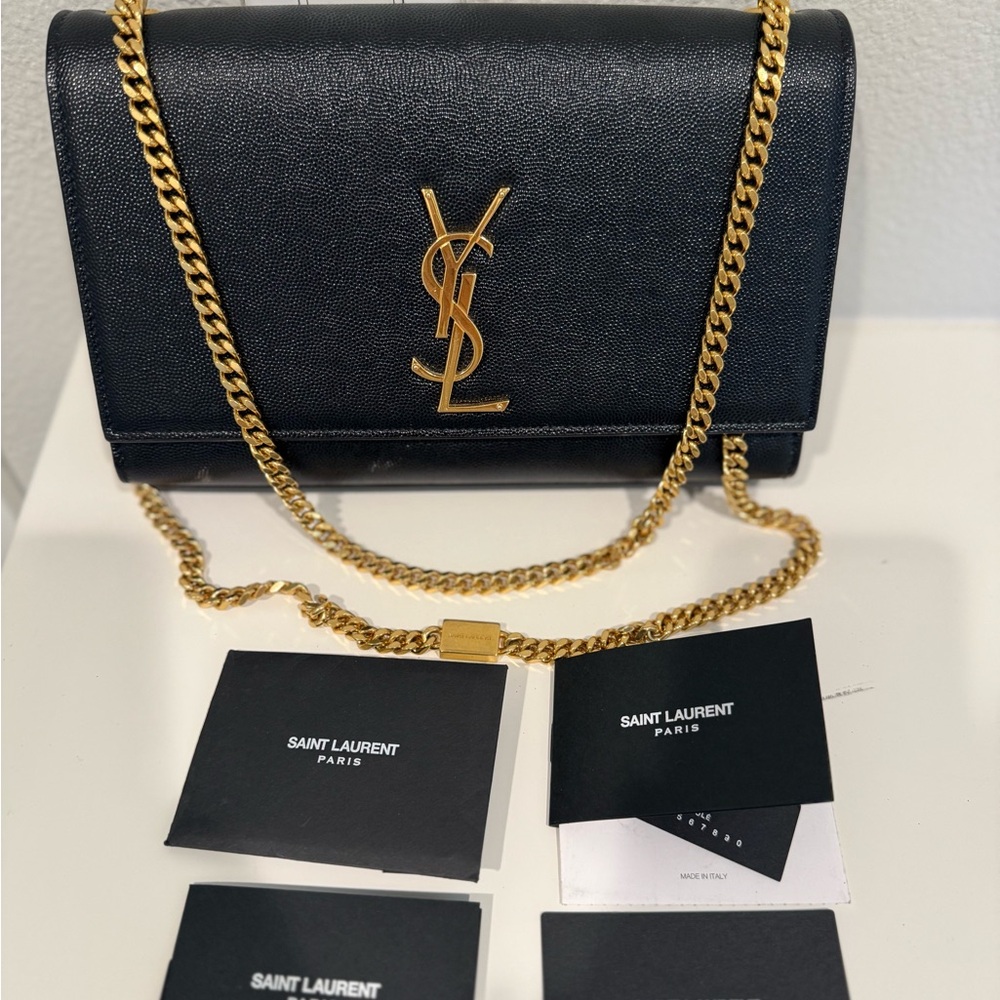 Saint Laurent Black and Gold Crossbody Bag with Iconic YSL Logo